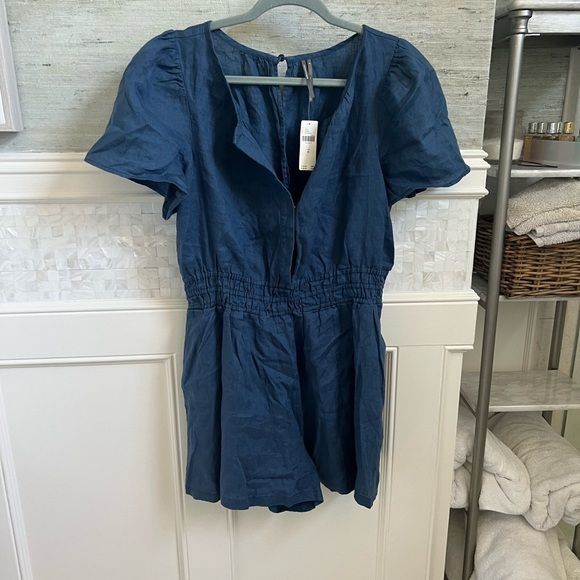 NWT new medium Anthropologie Somerset linen romper shorts navy blue - Picture 3 of 16